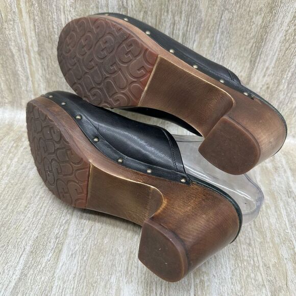 UGG Abbie Black Leather Slip On Heeled Mules Womens 7 Clogs Shoes Chunky Y2K - Picture 8 of 10